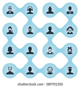 Set Of 16 Simple Avatar Icons. Can Be Found Such Elements As Agent, Bodyguard, Little Girl And Other.