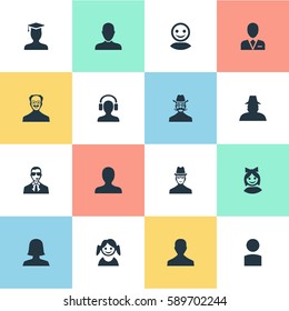 Set Of 16 Simple Avatar Icons. Can Be Found Such Elements As Internet Profile, Bodyguard, Insider And Other.