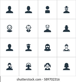 Set Of 16 Simple Avatar Icons. Can Be Found Such Elements As Male With Headphone, Proletarian, Job Man And Other.
