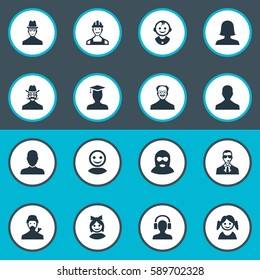 Set Of 16 Simple Avatar Icons. Can Be Found Such Elements As Postgraduate, Job Man, Felon And Other.