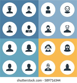 Set Of 16 Simple Avatar Icons. Can Be Found Such Elements As Postgraduate, Portrait, Woman User And Other.