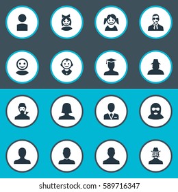 Set Of 16 Simple Avatar Icons. Can Be Found Such Elements As Agent, Young Shaver, Job Man And Other.