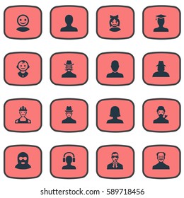 Set Of 16 Simple Avatar Icons. Can Be Found Such Elements As Woman User, Proletarian, Spy And Other.