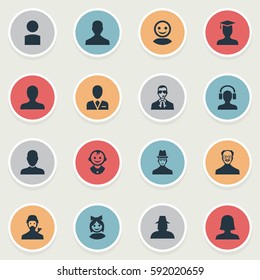 Set Of 16 Simple Avatar Icons. Can Be Found Such Elements As Workman, Agent, Spy And Other.
