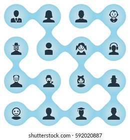Set Of 16 Simple Avatar Icons. Can Be Found Such Elements As Agent, Girl Face, Mysterious Man And Other.