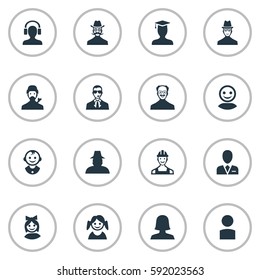 Set Of 16 Simple Avatar Icons. Can Be Found Such Elements As Postgraduate, Whiskers Man, Male With Headphone And Other.