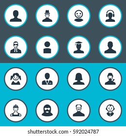 Set Of 16 Simple Avatar Icons. Can Be Found Such Elements As Portrait, Proletarian, Woman User And Other.