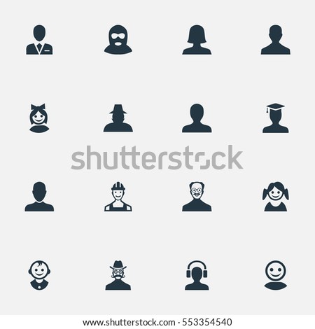 Set Of 16 Simple Avatar Icons. Can Be Found Such Elements As Male With Headphone, Workman, Postgraduate And Other.