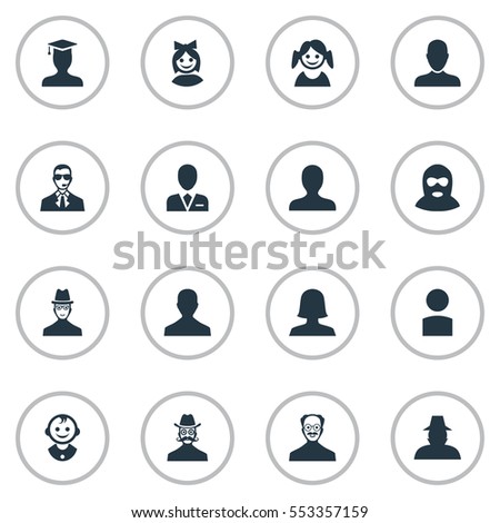 Set Of 16 Simple Avatar Icons. Can Be Found Such Elements As Felon, Agent, Little Girl And Other.