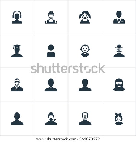 Set Of 16 Simple Avatar Icons. Can Be Found Such Elements As Postgraduate, Felon, Male With Headphone And Other.