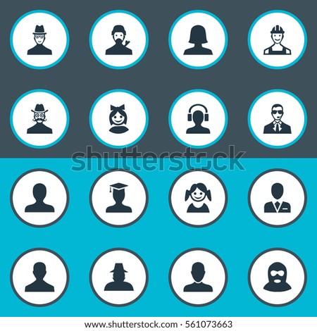 Set Of 16 Simple Avatar Icons. Can Be Found Such Elements As Postgraduate, Agent, Felon And Other.