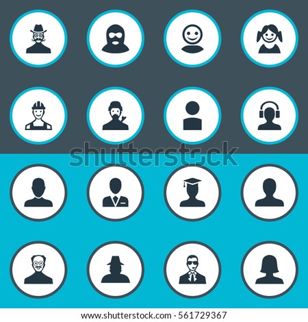 Set Of 16 Simple Avatar Icons. Can Be Found Such Elements As Whiskers Man, Insider, Job Man And Other.