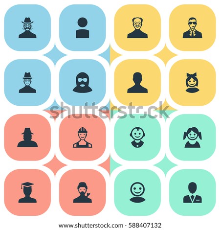 Set Of 16 Simple Avatar Icons. Can Be Found Such Elements As Proletarian, Felon, Agent And Other.