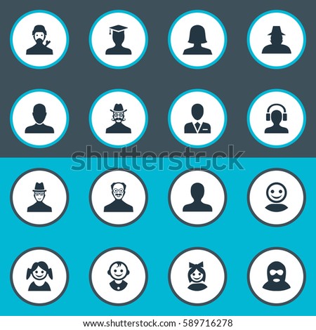 Set Of 16 Simple Avatar Icons. Can Be Found Such Elements As Mysterious Man, Young Shaver, Male With Headphone And Other.