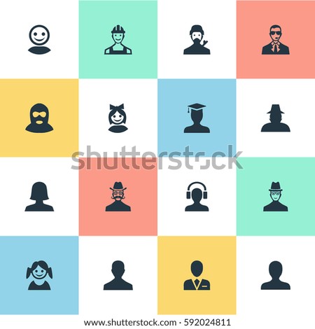 Set Of 16 Simple Avatar Icons. Can Be Found Such Elements As Felon, Proletarian, Girl Face And Other.