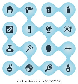Set Of 16 Simple Barber Icons. Can Be Found Such Elements As Peeper, Beard, Reflector And Other.