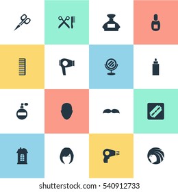 Set Of 16 Simple Barber Icons. Can Be Found Such Elements As Human, Blow Dryer, Cut Tool And Other.