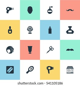 Set Of 16 Simple Barber Icons. Can Be Found Such Elements As Drying Machine, Whiskers, Peeper And Other.