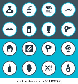 Set Of 16 Simple Barber Icons. Can Be Found Such Elements As Blow Dryer, Whiskers, Shaver And Other.