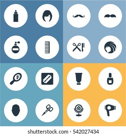 Set Of 16 Simple Barber Icons. Can Be Found Such Elements As Peeper, Hair, Bottle And Other.