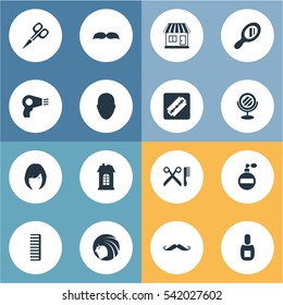 Set Of 16 Simple Barber Icons. Can Be Found Such Elements As Premises, Whiskers, Hackle And Other.