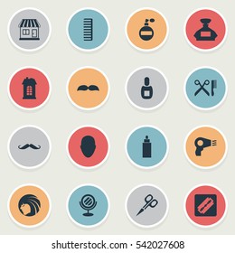 Set Of 16 Simple Barber Icons. Can Be Found Such Elements As Shaver, Hackle, Whiskers And Other.