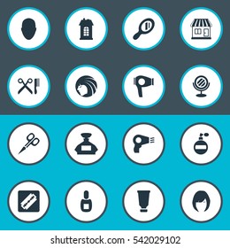 Set Of 16 Simple Barber Icons. Can Be Found Such Elements As Supermarket, Barber Tools, Bottle And Other.