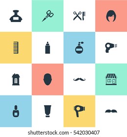 Set Of 16 Simple Barber Icons. Can Be Found Such Elements As Container, Scent, Supermarket And Other.