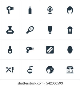 Set Of 16 Simple Barber Icons. Can Be Found Such Elements As Bottle, Drying Machine, Aroma And Other.