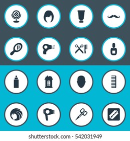 Set Of 16 Simple Barber Icons. Can Be Found Such Elements As Flask, Premises, Hackle And Other.