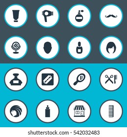 Set Of 16 Simple Barber Icons. Can Be Found Such Elements As Flask, Human, Drying Machine And Other.