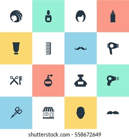 Set Of 16 Simple Barber Icons. Can Be Found Such Elements As Human, Blow Dryer, Aroma And Other.