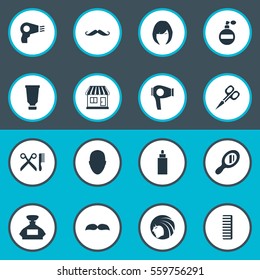 Set Of 16 Simple Barber Icons. Can Be Found Such Elements As Container, Human, Hair And Other.