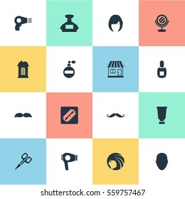 Set Of 16 Simple Barber Icons. Can Be Found Such Elements As Premises, Shaver, Aroma And Other.