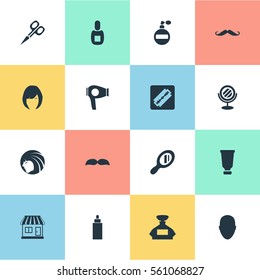 Set Of 16 Simple Barber Icons. Can Be Found Such Elements As Reflector, Container, Hair And Other.