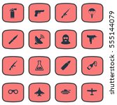 Set Of 16 Simple Battle Icons. Can Be Found Such Elements As Air Bomber, Signal Receiver, Terrorist And Other.
