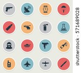 Set Of 16 Simple Battle Icons. Can Be Found Such Elements As Cold Weapon, Signal Receiver, Helicopter And Other.