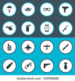 Set Of 16 Simple Battle Icons. Can Be Found Such Elements As Firearm, Cold Weapon, Walkies And Other.