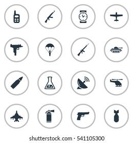 Set Of 16 Simple Battle Icons. Can Be Found Such Elements As Rifle Gun, Kalashnikov, Pistol And Other.