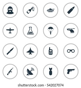 Set Of 16 Simple Battle Icons. Can Be Found Such Elements As Chemistry, Air Bomber, Pistol And Other.