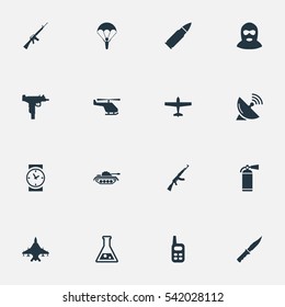 Set Of 16 Simple Battle Icons. Can Be Found Such Elements As Air Bomber, Watch, Kalashnikov And Other.