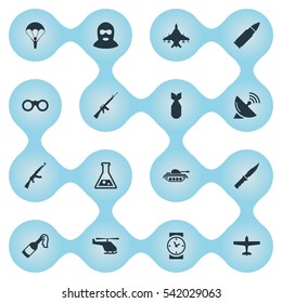 Set Of 16 Simple Battle Icons. Can Be Found Such Elements As Kalashnikov, Rifle Gun, Molotov And Other.