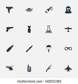 Set Of 16 Simple Battle Icons. Can Be Found Such Elements As Terrorist, Molotov, Nuke And Other.