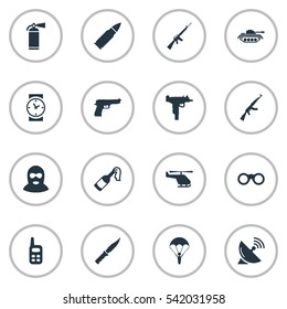 Set Of 16 Simple Battle Icons. Can Be Found Such Elements As Helicopter, Terrorist, Signal Receiver And Other.