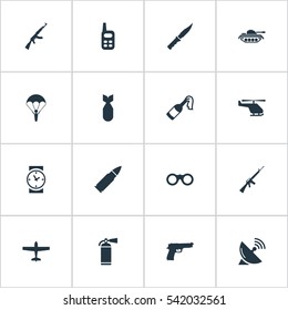 Set Of 16 Simple Battle Icons. Can Be Found Such Elements As Walkies, Paratrooper, Molotov And Other.