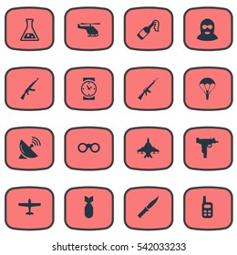 Set Of 16 Simple Battle Icons. Can Be Found Such Elements As Helicopter, Paratrooper, Sky Force And Other.