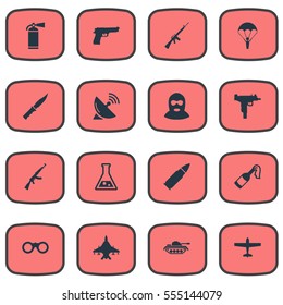 Set Of 16 Simple Battle Icons. Can Be Found Such Elements As Air Bomber, Signal Receiver, Terrorist And Other.