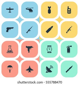 Set Of 16 Simple Battle Icons. Can Be Found Such Elements As Helicopter, Extinguisher, Firearm And Other.
