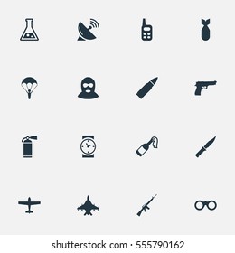 Set Of 16 Simple Battle Icons. Can Be Found Such Elements As Nuke, Signal Receiver, Field Glasses And Other.