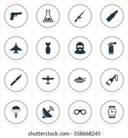 Set Of 16 Simple Battle Icons. Can Be Found Such Elements As Watch, Sky Force, Ammunition And Other.